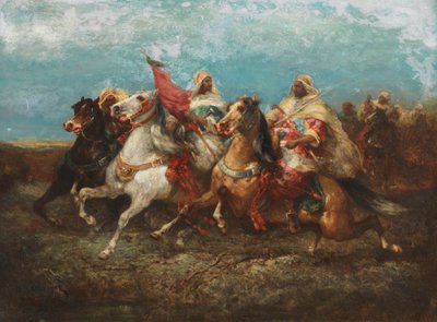 Three Arabs Riding to the Left with Entourage by Adolf Schreyer